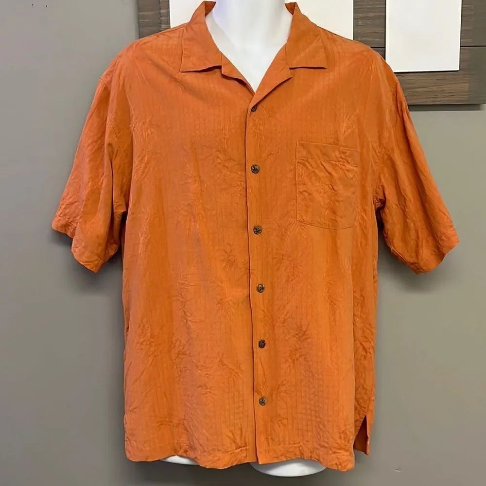 Tommy Bahama Orange Short Sleeve Button Down Tropical Silk Casual Shirt- Large